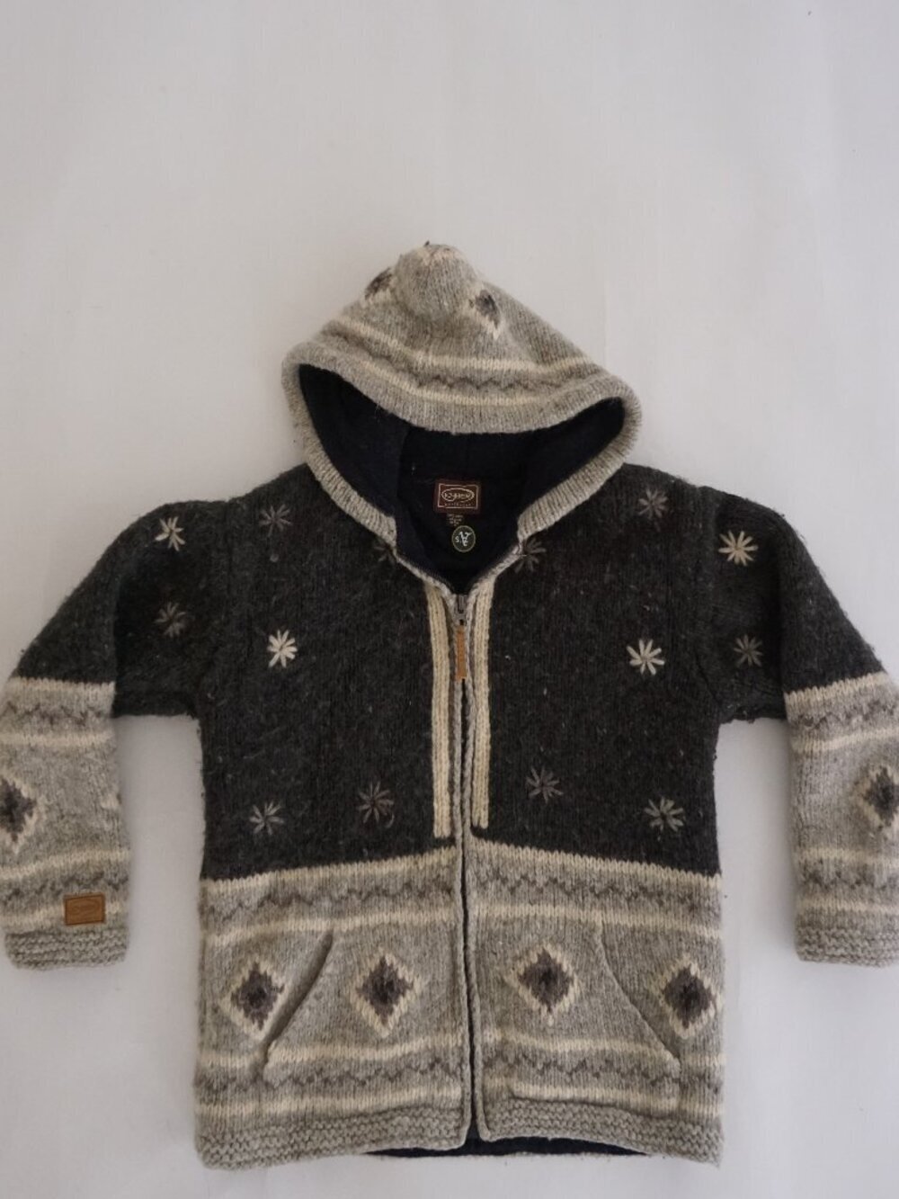 Kyber Brown Cream Nordic Snowflake Wool Full Zip Heavy Lined Knit Hooded Jacket